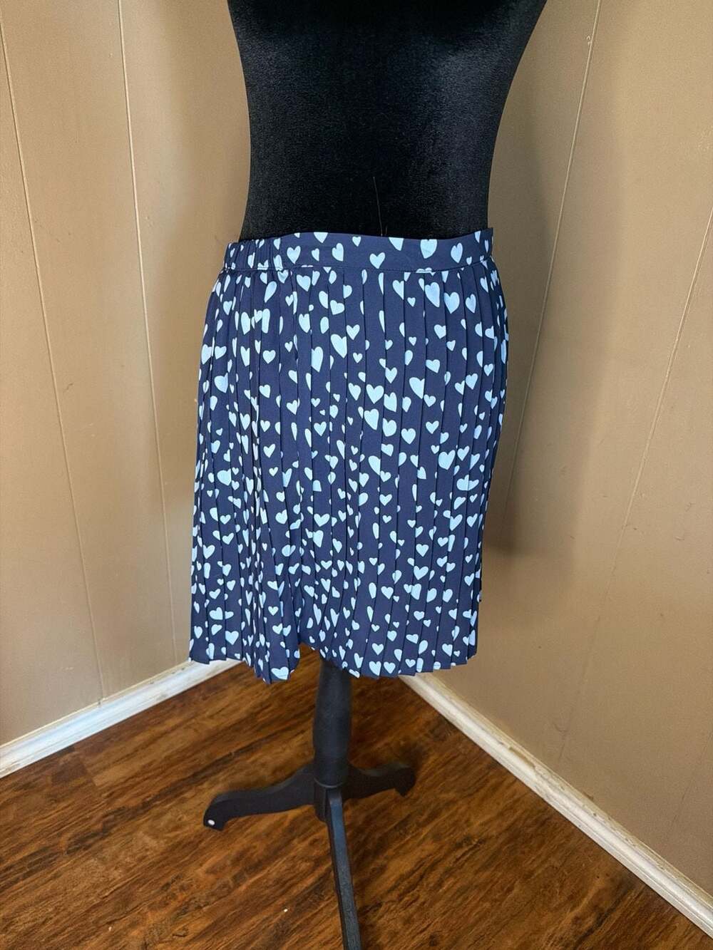 POPSUGAR Navy Blue Heart Print Pleated Midi Skirt